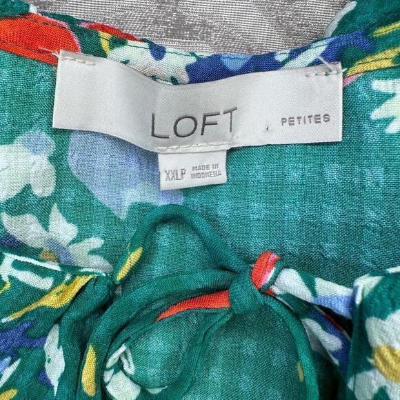 LOFT Top Green Floral Ruffle Bouquet Tie‎ Neck Blouse Gingham size XXLP Petite - Picture 6 of 8